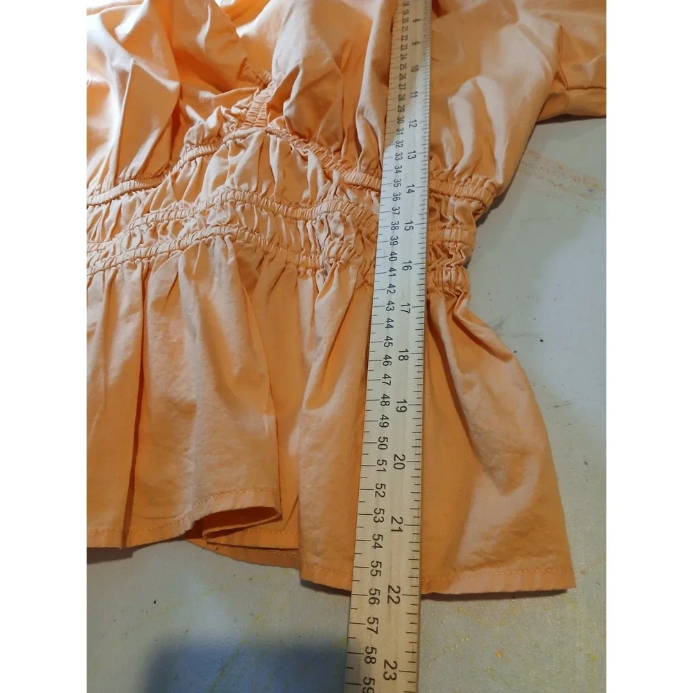 Old Navy Med Tall Orange Cotton Puff Sleeve Smocked Peplum Blouse V-Neck Top
